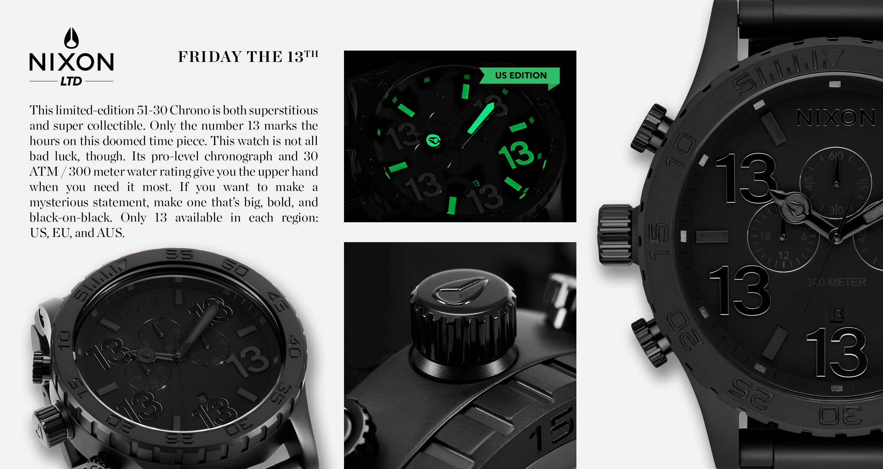 Promotional gif showcasing the Nixon 51-30 Chrono Friday the 13th edition